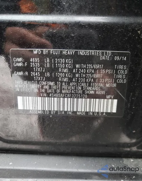 2015 Subaru Outback 2.5I Premium из США, поврежденный, VIN 4S4BSAFC8F3225120